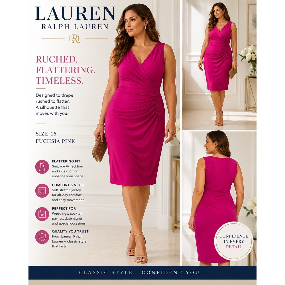 Lauren‎ Ralph Lauren Ruched Sheath Dress Pink Wedding Guest Cocktail Size 16